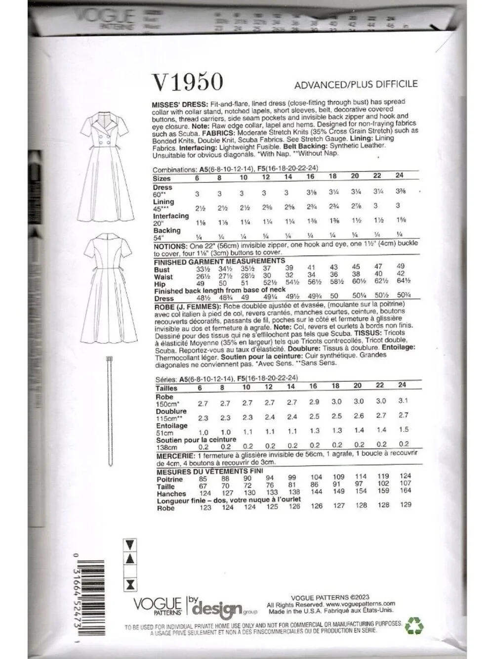 Vogue V1950 Misses 16 to 24 Badgley Mischka Dress Uncut Sewing Pattern